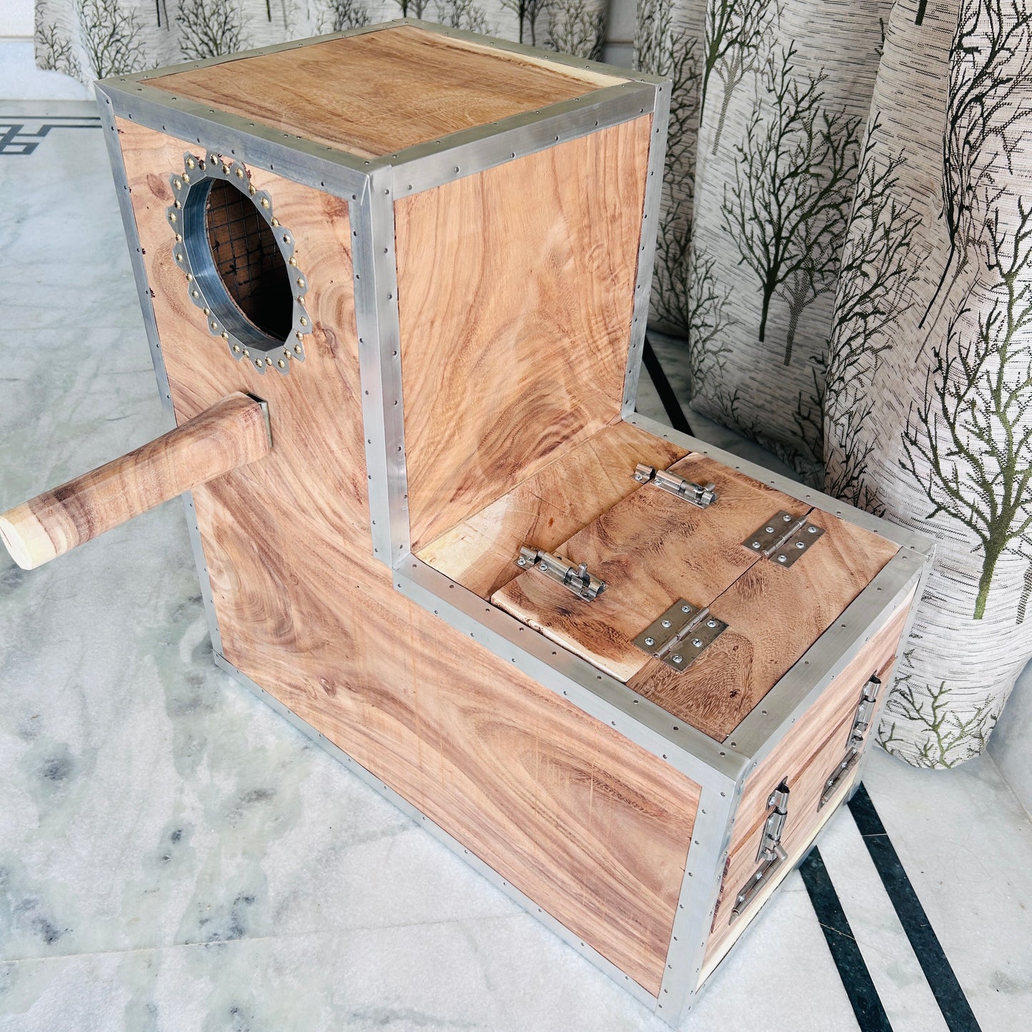 African Grey Parrot Wooden Breeding Box 24x24 Inch L Shape | 1 Inch Thick Wood Nest Box with Double Door & Full Inner Wire Net Gray Parrot Box