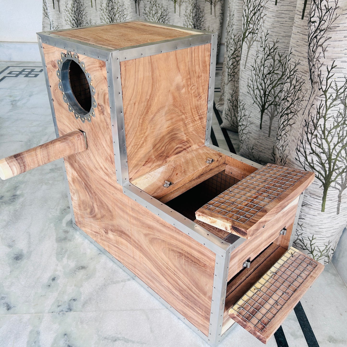 African Grey Parrot Wooden Breeding Box 24x24 Inch L Shape | 1 Inch Thick Wood Nest Box with Double Door & Full Inner Wire Net Gray Parrot Box