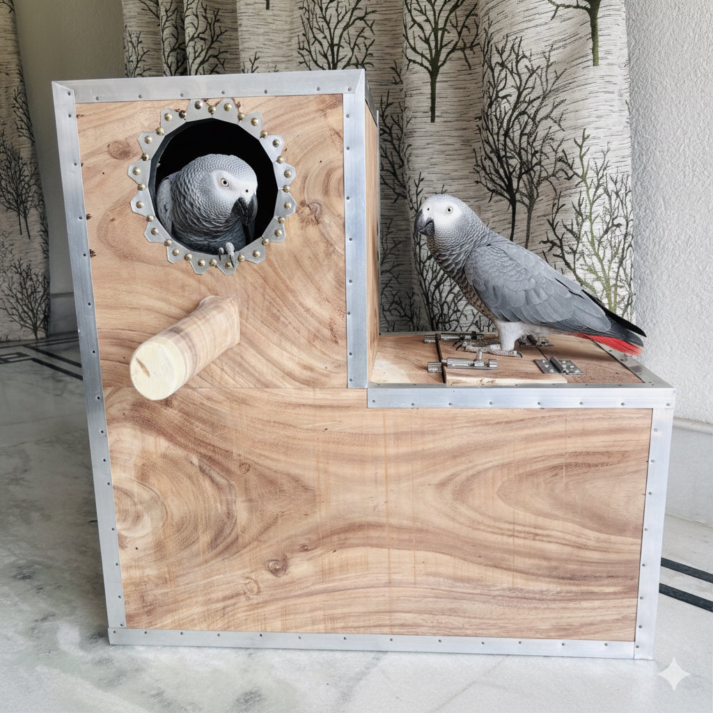 African Grey Parrot Wooden Breeding Box 24x24 Inch L Shape | 1 Inch Thick Wood Nest Box with Double Door & Full Inner Wire Net Gray Parrot Box