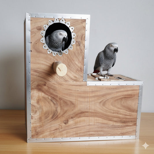 African Grey Parrot Wooden Breeding Box 24x24 Inch L Shape | 1 Inch Thick Wood Nest Box with Double Door & Full Inner Wire Net Gray Parrot Box