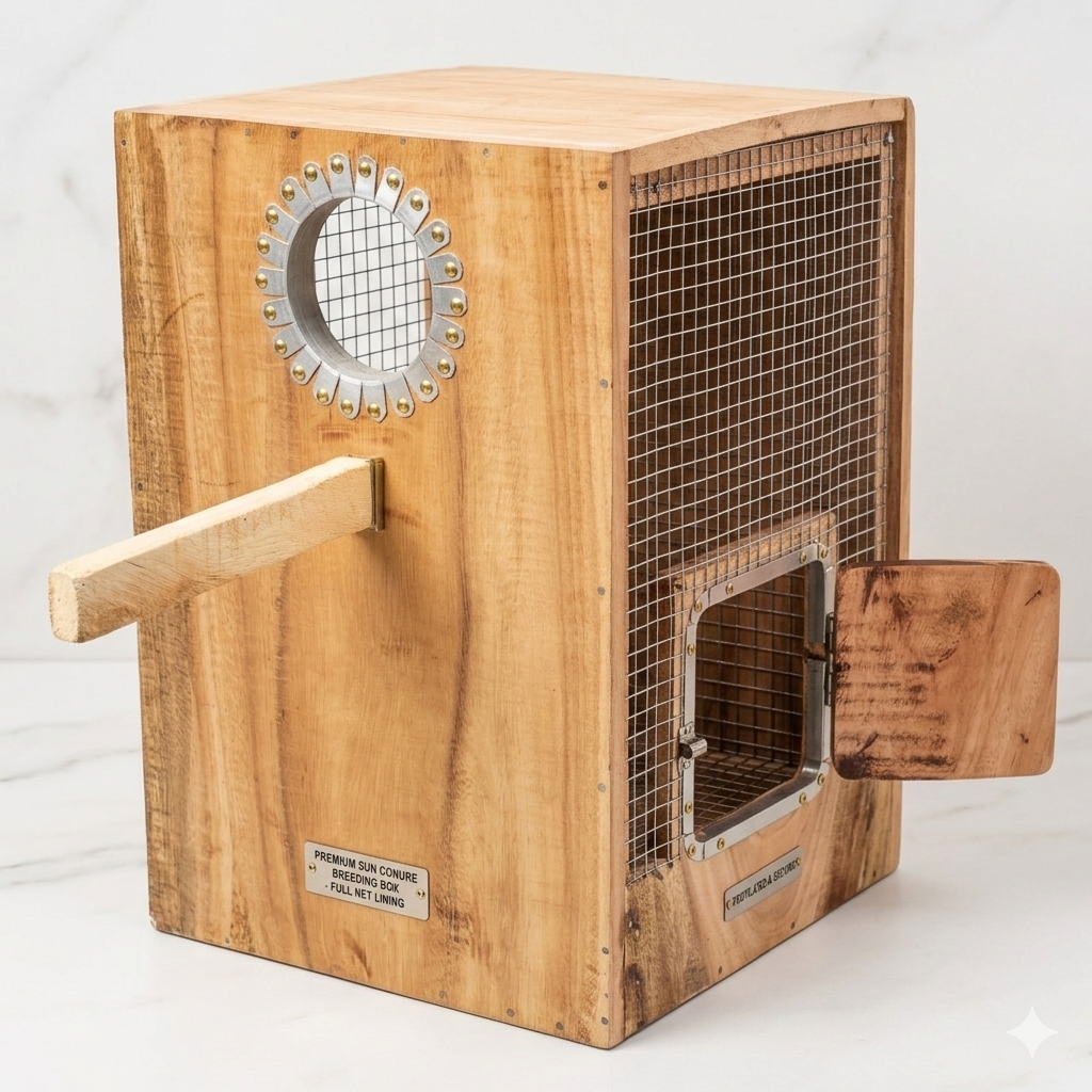 Sun Conure Wooden Breeding Box with Double Door & Inner Wire Net | Hanging Nesting Box for Conure Birds