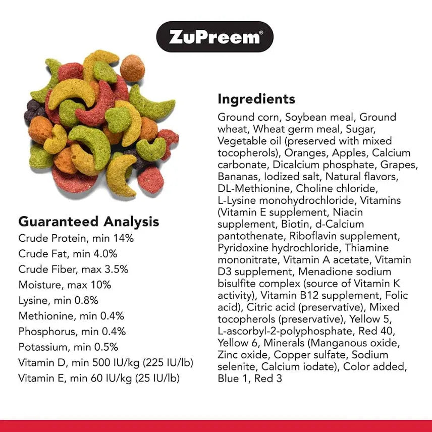 ZuPreem FruitBlend Flavor Natural Avian Diet Large Bird Food for Macaw, Cockatoo & Amazon parrot | Premium Pellet Bird Food