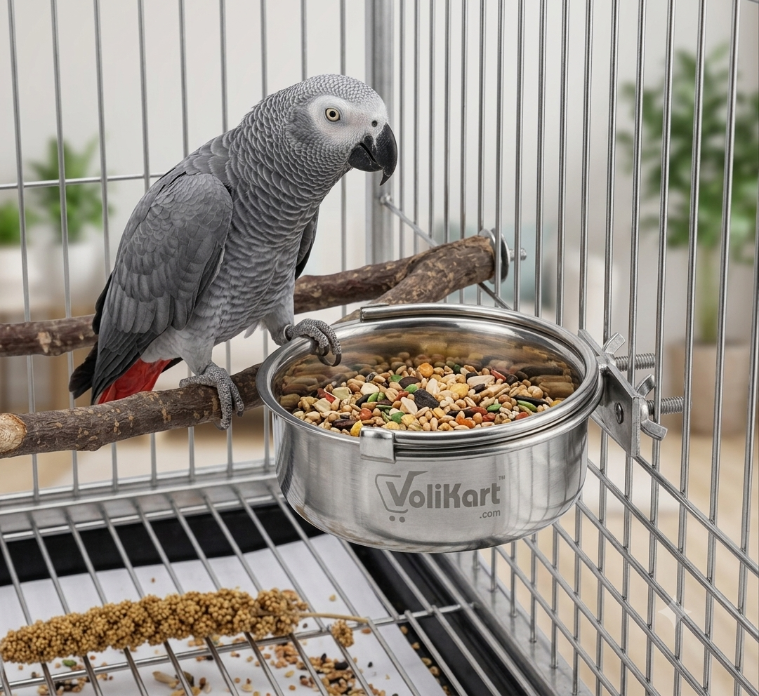 Volikart™ Stainless Steel Half Cut Bird Feeder Bowl with Snap Fit Anti-Throw Lock | 1000ml | Pack of 2