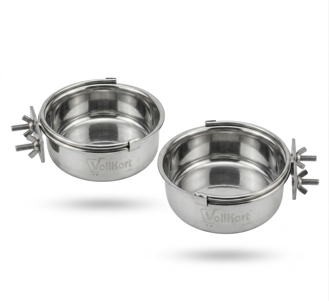 Volikart™ Stainless Steel Half Cut Bird Feeder Bowl with Snap Fit Anti-Throw Lock | 1000ml | Pack of 2
