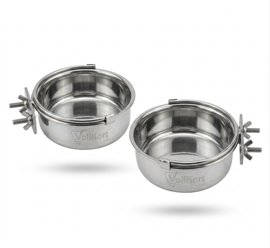 Volikart™ Stainless Steel Half Cut Bird Feeder Bowl with Snap Fit Anti-Throw Lock | 550ml | Pack of 2