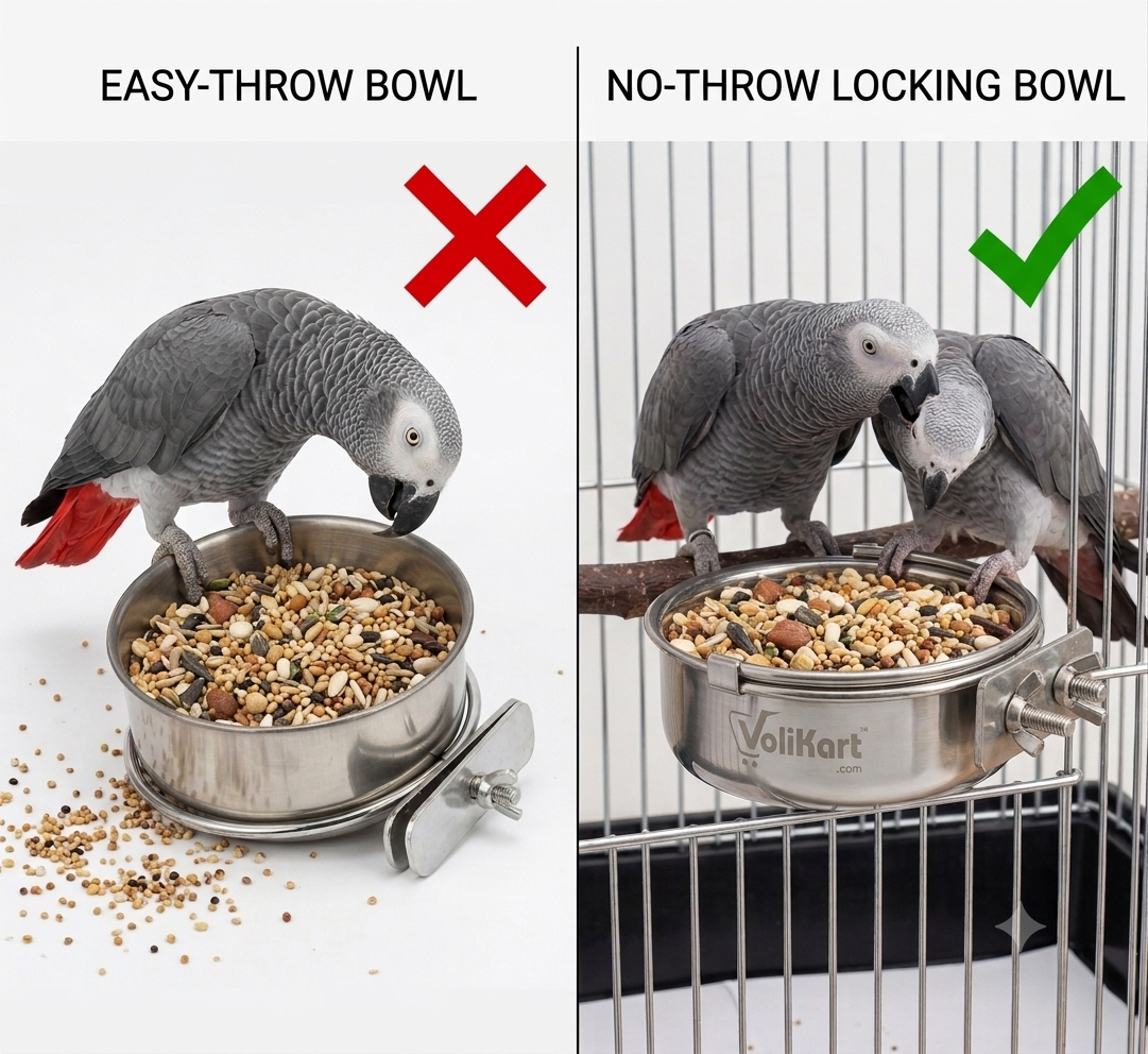 Volikart™ Stainless Steel Half Cut Bird Feeder Bowl with Snap Fit Anti-Throw Lock | 1000ml | Pack of 2